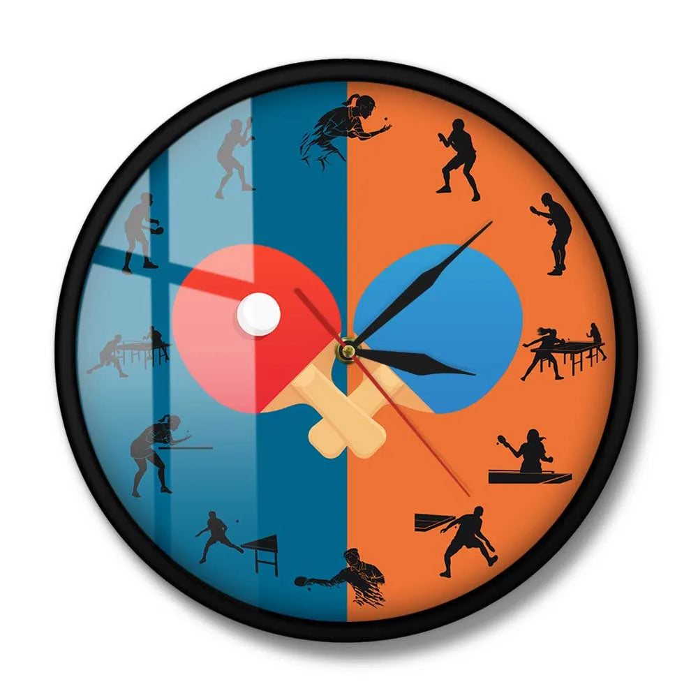 Pingpong Game Player Silhouette Printed Wall Clock Sports Home Décor Table Tennis Bat Silent Swept Wall Watch Pingpong Fans Gift