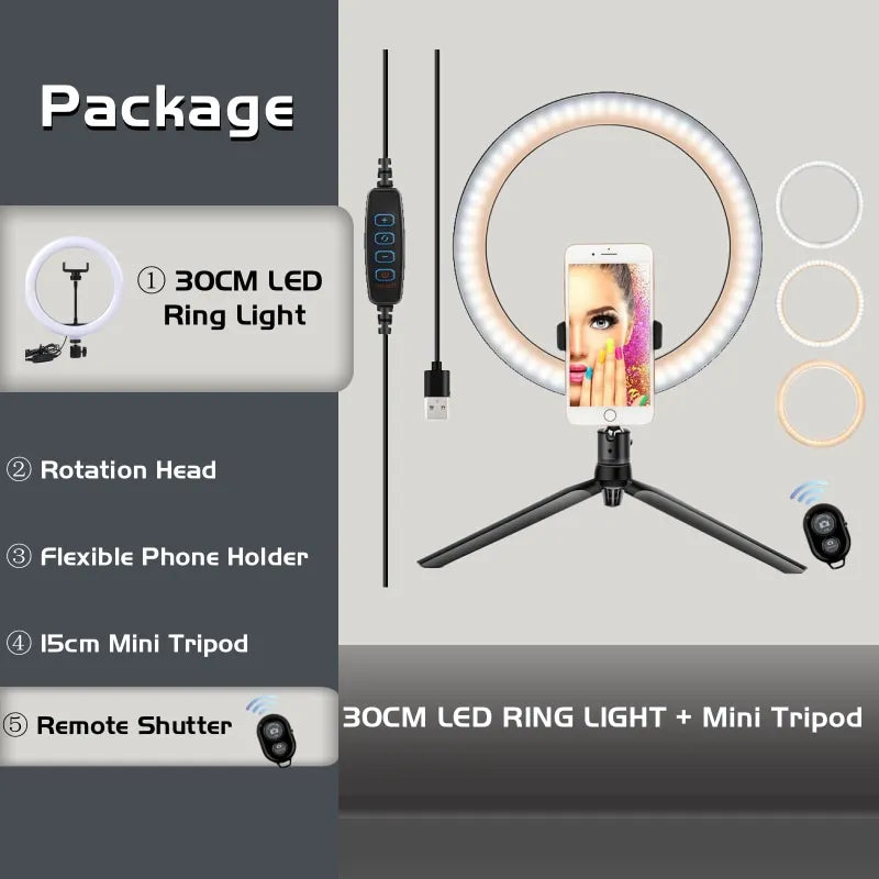 16cm/26cm/30cm LED Selfie Ring Lighting Photographic Ring Lamp USB Remote Fill Light Video Live Phone Holder & Tripod