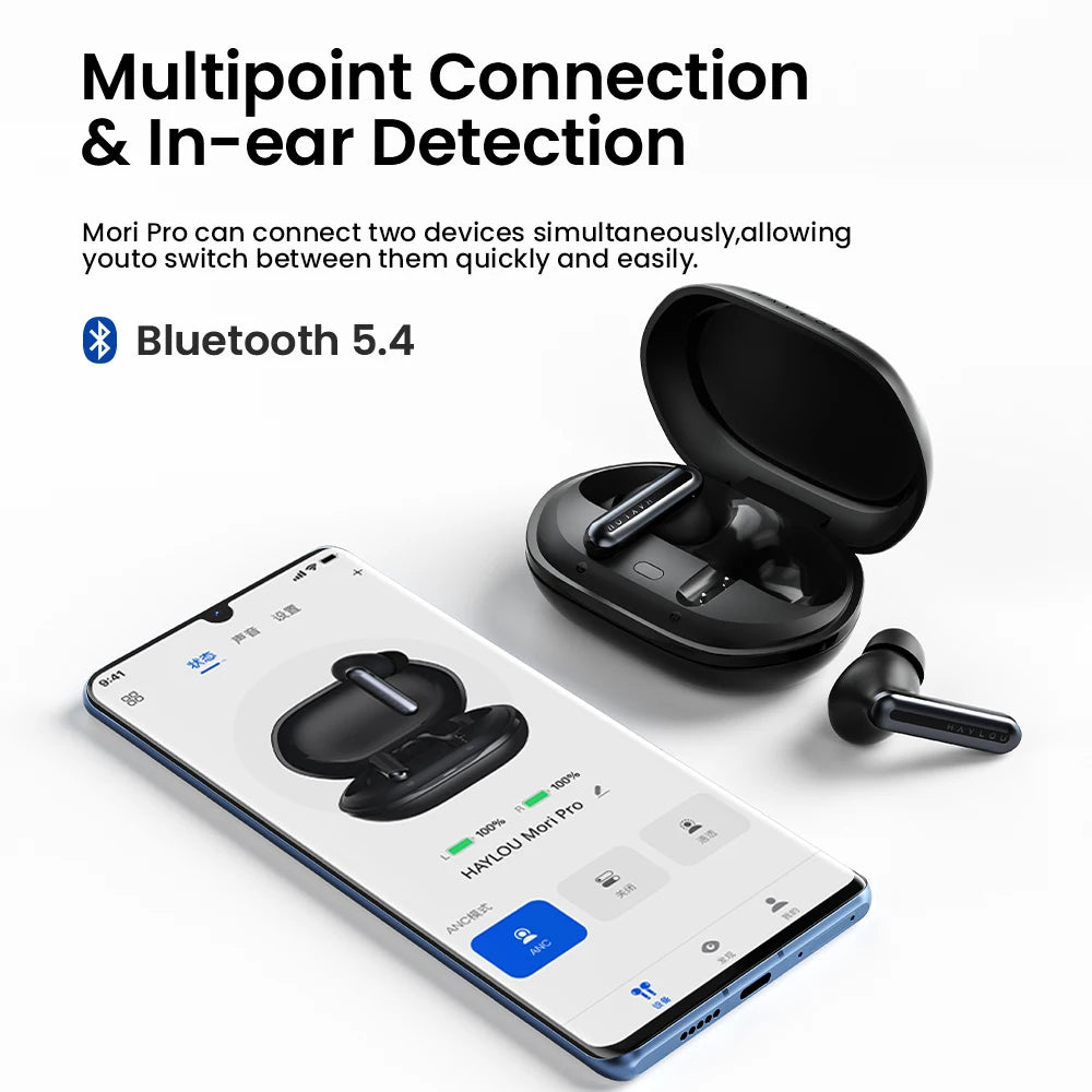 HAYLOU Mori Pro Bluetooth 5.4 Earphones Wireless 43dB Adaptive Hybrid ANC Hi-Res LDAC Earbuds 6 Mic Headphones 28H Battery Life