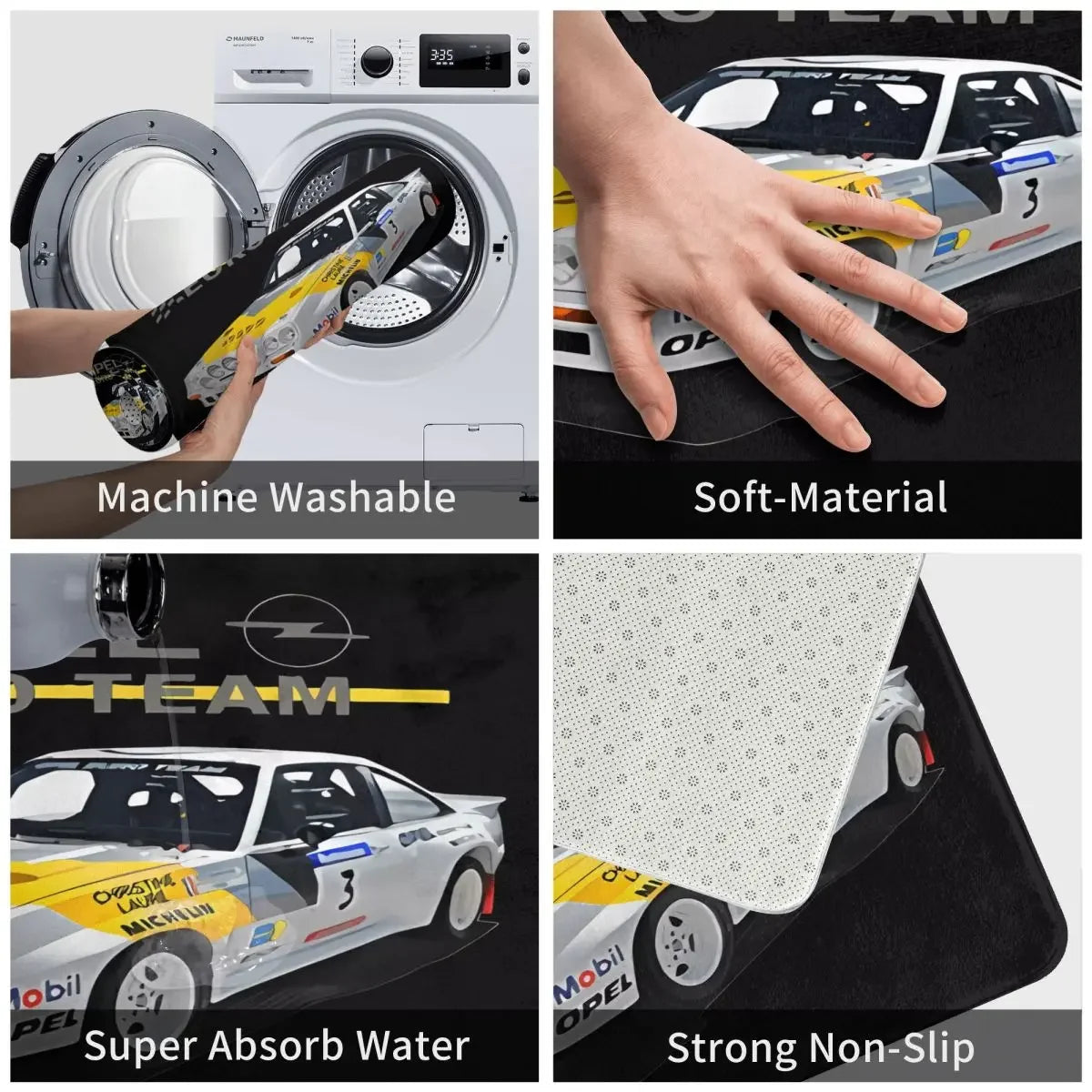 Opel Euro Team Racing Car Floor Mat - Vibrant Sports Design for Entrances, Perfect for Auto Enthusiasts and Modern Home Décor