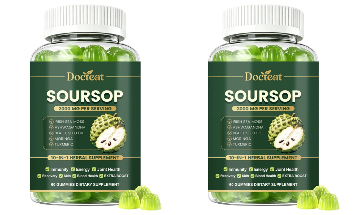 Docteat Soursop Gummies with Irish Sea Moss Ashwagandha Herbal Extract Blend Beauty Wellness Support Daily Nutrition 60 Gummies