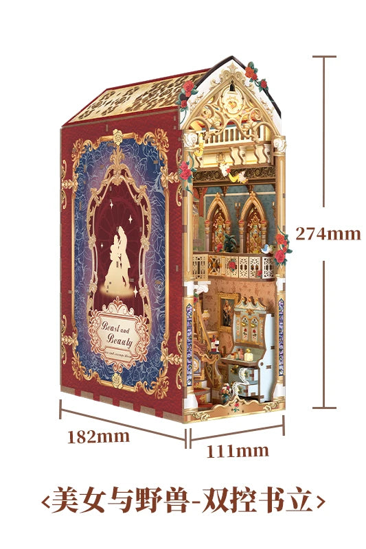 Tonecheer Beauty and The Beast Book Nook DIY Bookend Wooden Puzzle Diorama Model Kit 3D Wooden Dollhouse Decoration Birthday Toy