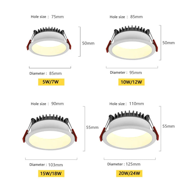 Dimmable Anti-glare Recessed LED Downlight Lamp 5W 7W 9W 12W 20W 85-265V Ceiling Spot Panel Bulbs Round For Home Lighting
