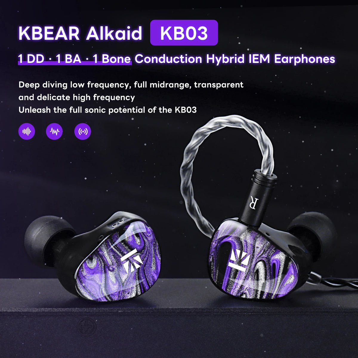 KBEAR KB03 Bone Conduction & DD & BA Hybrid Earphones 3D Printed HIFI Bass Earbuds Metal Monitor Headphones Gaming Headset