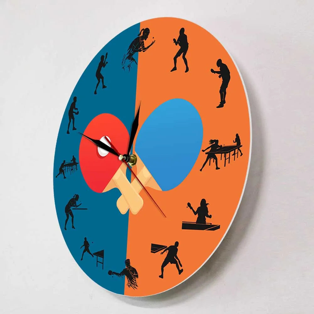 Pingpong Game Player Silhouette Printed Wall Clock Sports Home Décor Table Tennis Bat Silent Swept Wall Watch Pingpong Fans Gift