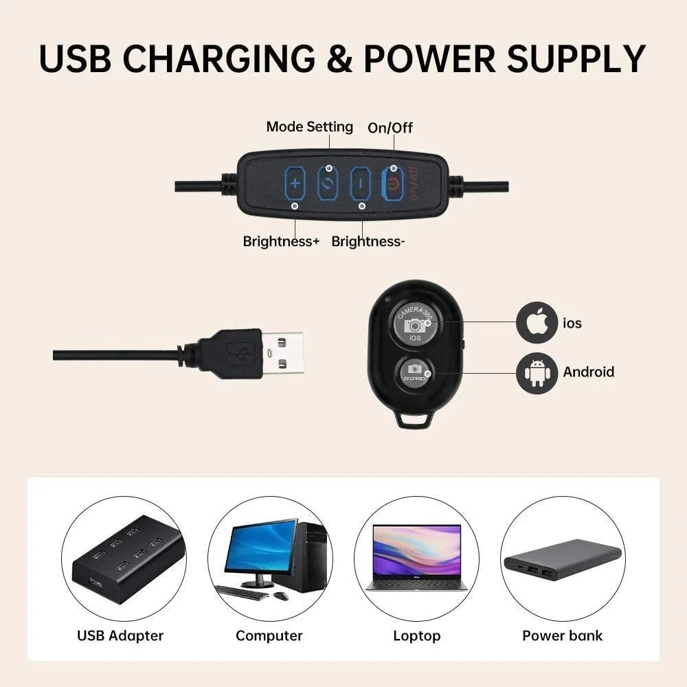16cm/26cm/30cm LED Selfie Ring Lighting Photographic Ring Lamp USB Remote Fill Light Video Live Phone Holder & Tripod