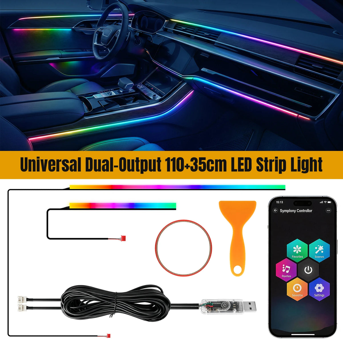 2/6 in 1 Car Interior LED Ambient Lighting Kit, USB Powered Flexible Neon Strip, APP Control RGB Sound Music Sync, Car Center Console Dashboard Atmosphere Lights
