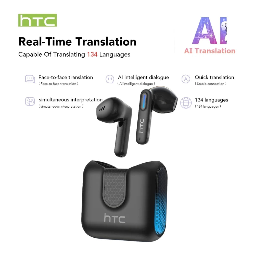 Translator Earbuds HTC NE49 AI Real-Time Translation HiFi Sound Bluetooth Earphones HD Call Low Latency Gaming Ear Pods Choice