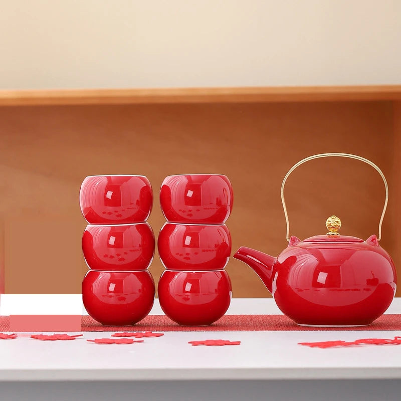 Red Ceramic Tea Set, Chinese Wedding Tea Set, Handmade Tea Pot Set, Special Customized Home Porcelain Beauty Tea Cup Set