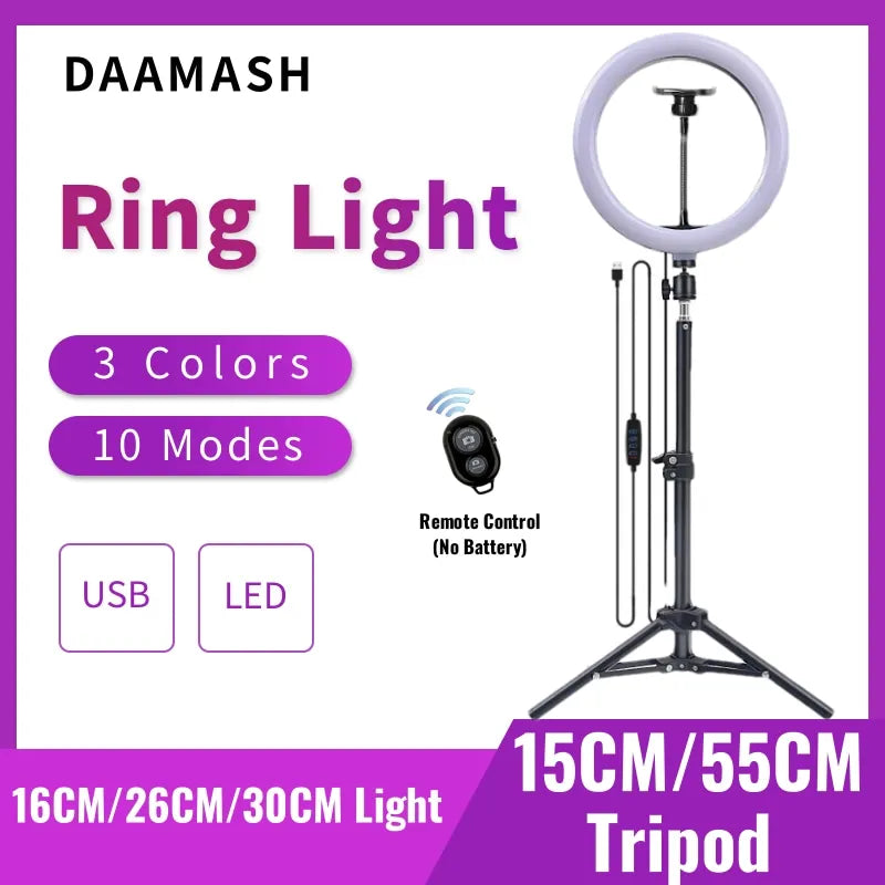 16cm/26cm/30cm LED Selfie Ring Lighting Photographic Ring Lamp USB Remote Fill Light Video Live Phone Holder & Tripod