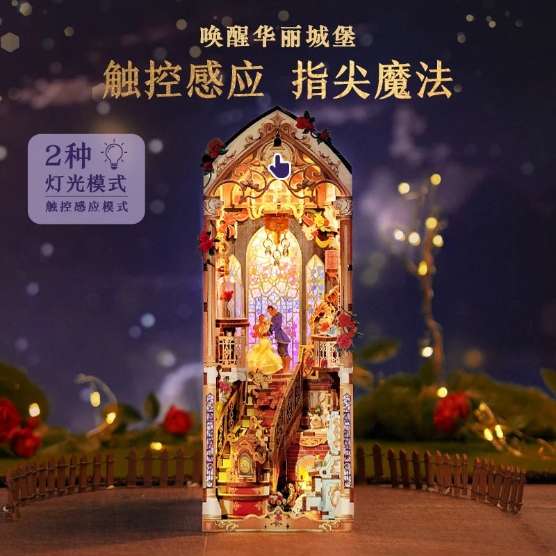 Tonecheer Beauty and The Beast Book Nook DIY Bookend Wooden Puzzle Diorama Model Kit 3D Wooden Dollhouse Decoration Birthday Toy