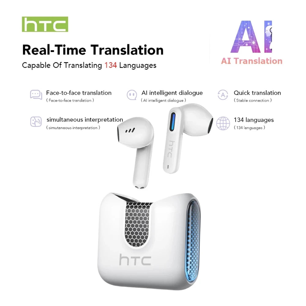 Translator Earbuds HTC NE49 AI Real-Time Translation HiFi Sound Bluetooth Earphones HD Call Low Latency Gaming Ear Pods Choice