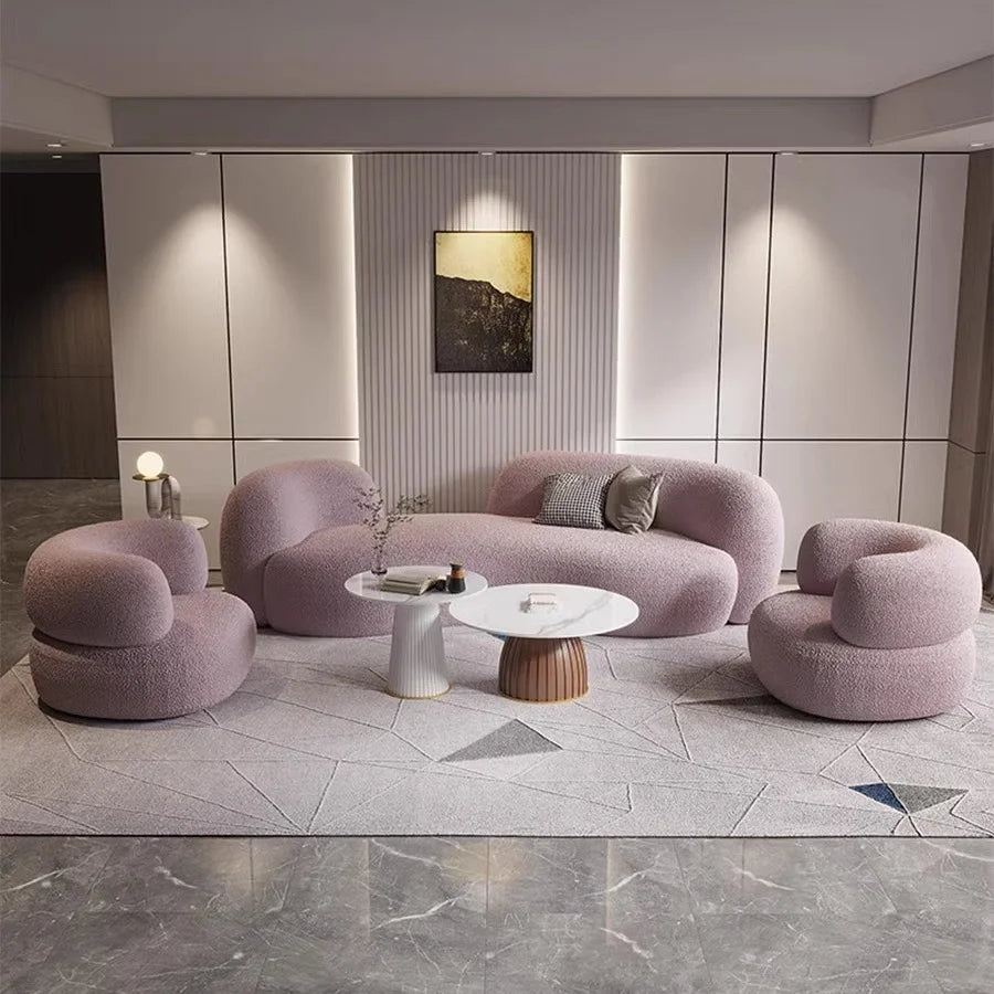 Luxury lambskin fabric curved sofa and coffee table modern minimalist living room, beauty salon, and clothing store furniture