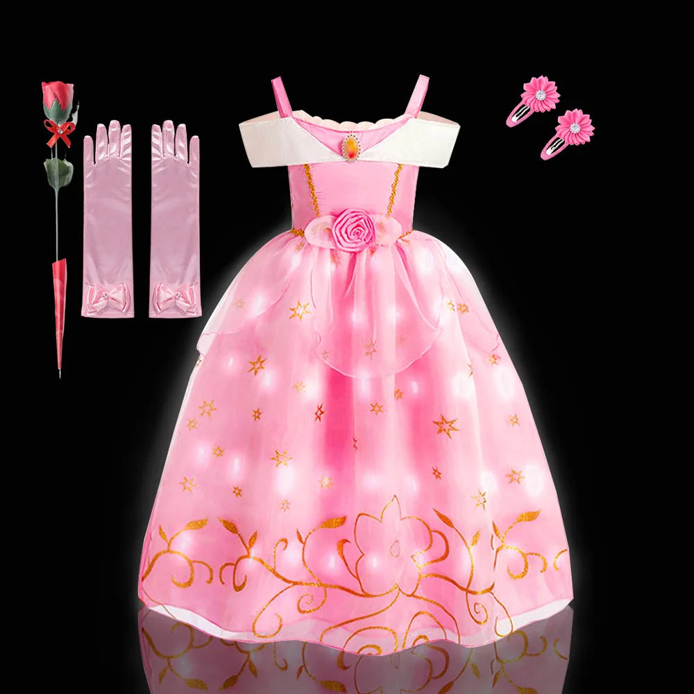 2PCS LED Light Up Sleeping Beauty Pink Princess Dress for Kids Girl Off Shoulder Aurora Costume Fancy Carnival Party Outfits