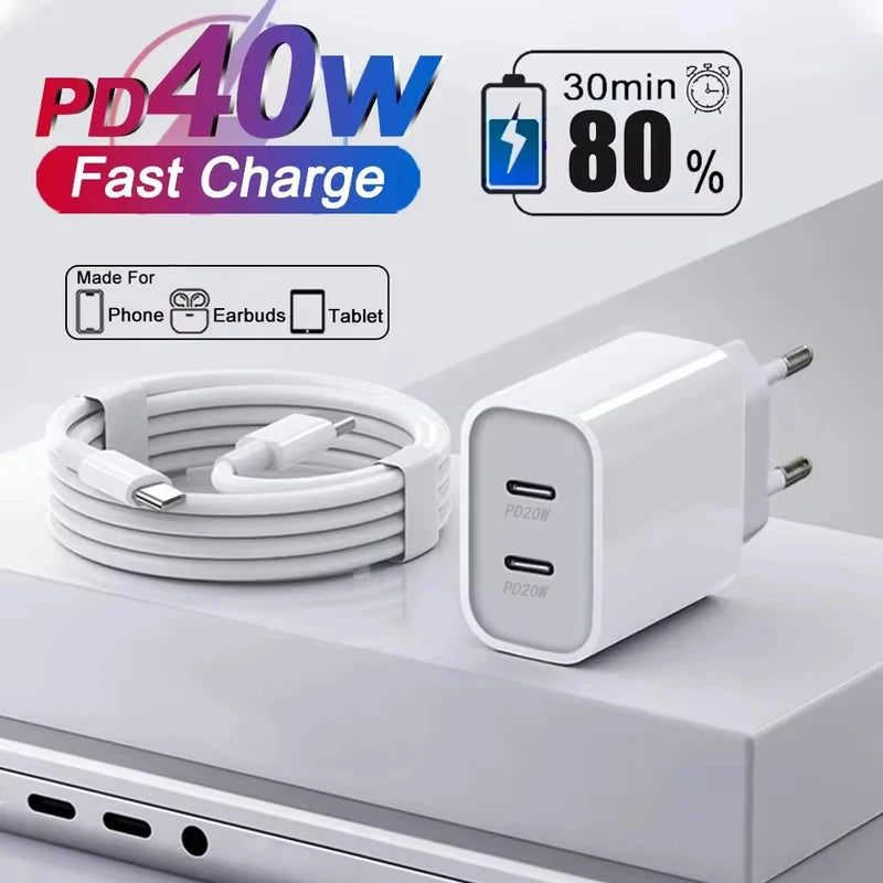 For Original 40W Type C Fast Charger For iPhone 17 16 15 14 13 12 11 Pro Max Plus PD Charging Cable Charger Phone Accessories