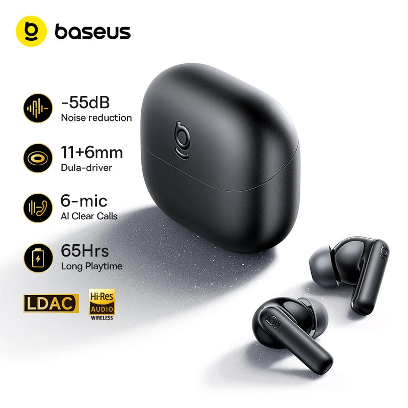 Baseus Bass EP10 Ultra Adaptive ANC Wireless Earbuds Bluetooth 6.0 Hi-Res Audio 6 Mics Wireless Earphones 65Hrs IP55