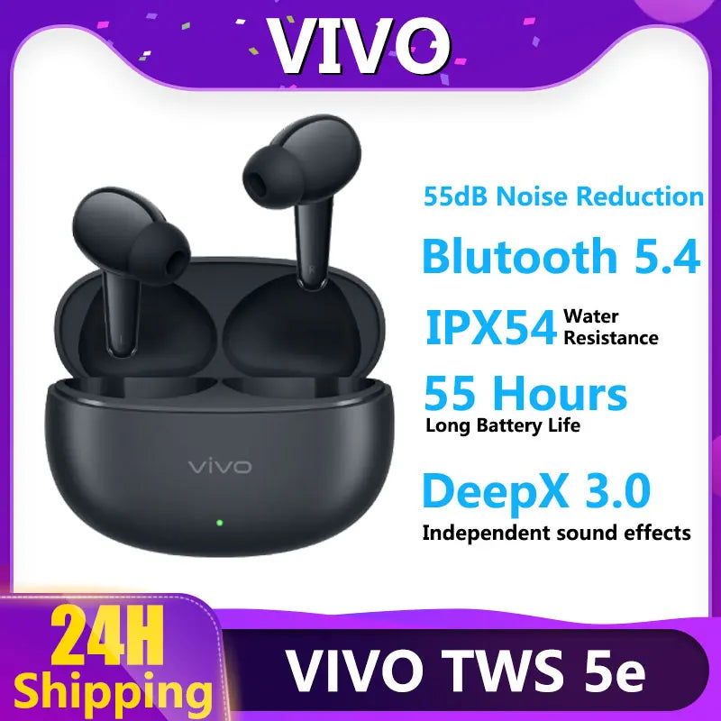 Original VIVO TWS 5e Wireless Bluetooth Earbuds 55db Hybrid Adaptive Noise Reduction 55h Battery Life Immersive Panoramic Sound