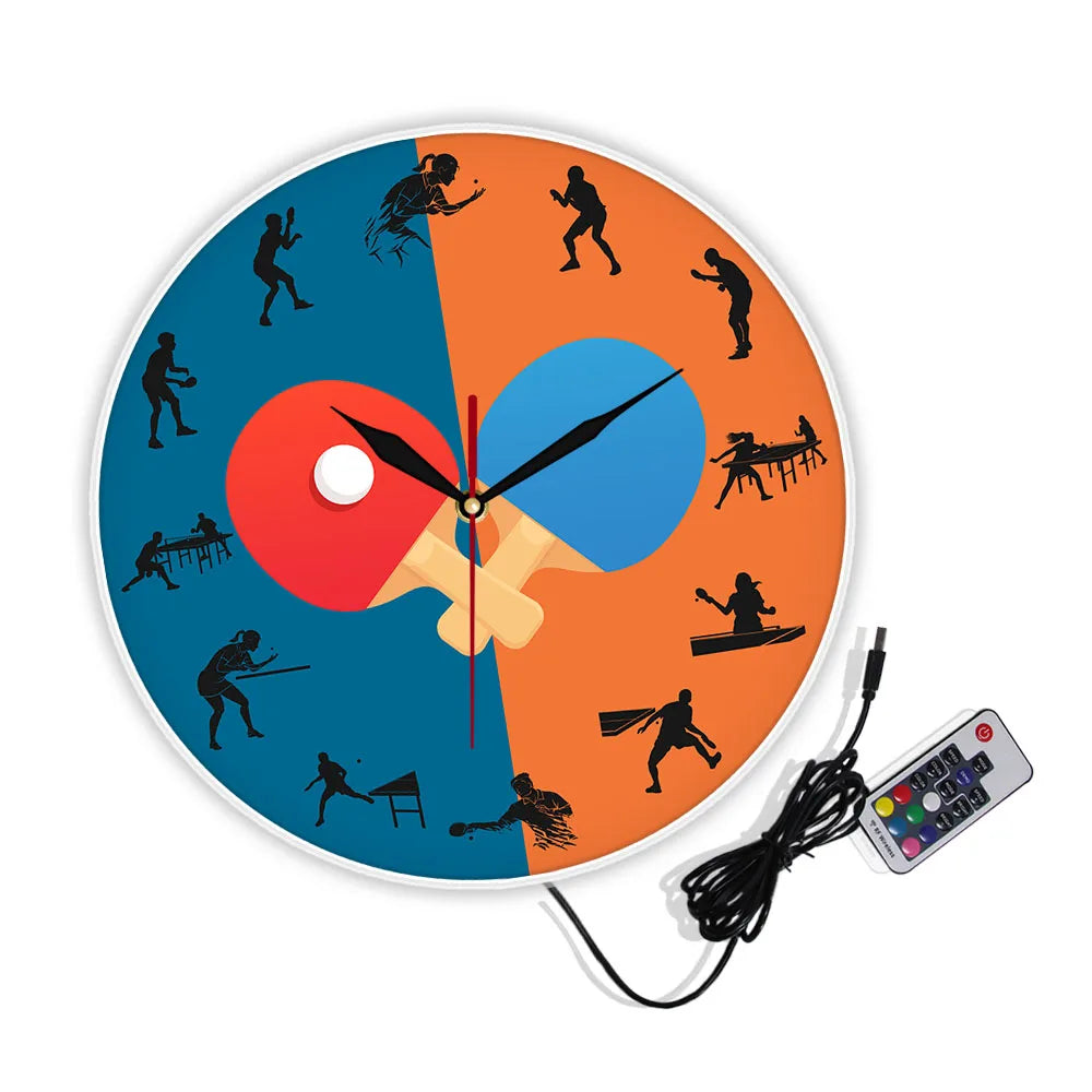 Pingpong Game Player Silhouette Printed Wall Clock Sports Home Décor Table Tennis Bat Silent Swept Wall Watch Pingpong Fans Gift