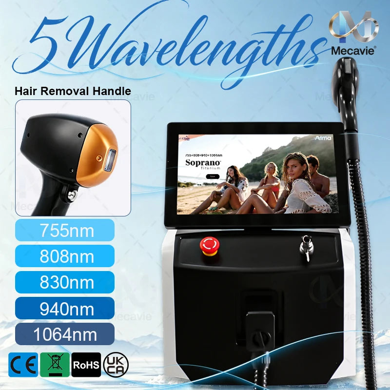 5-Wavelength Diode Laser Hair Removal Device 755/808/830/940/1064nm Ice-Cool Permanent Hair Remover for Salon Beauty Therapy