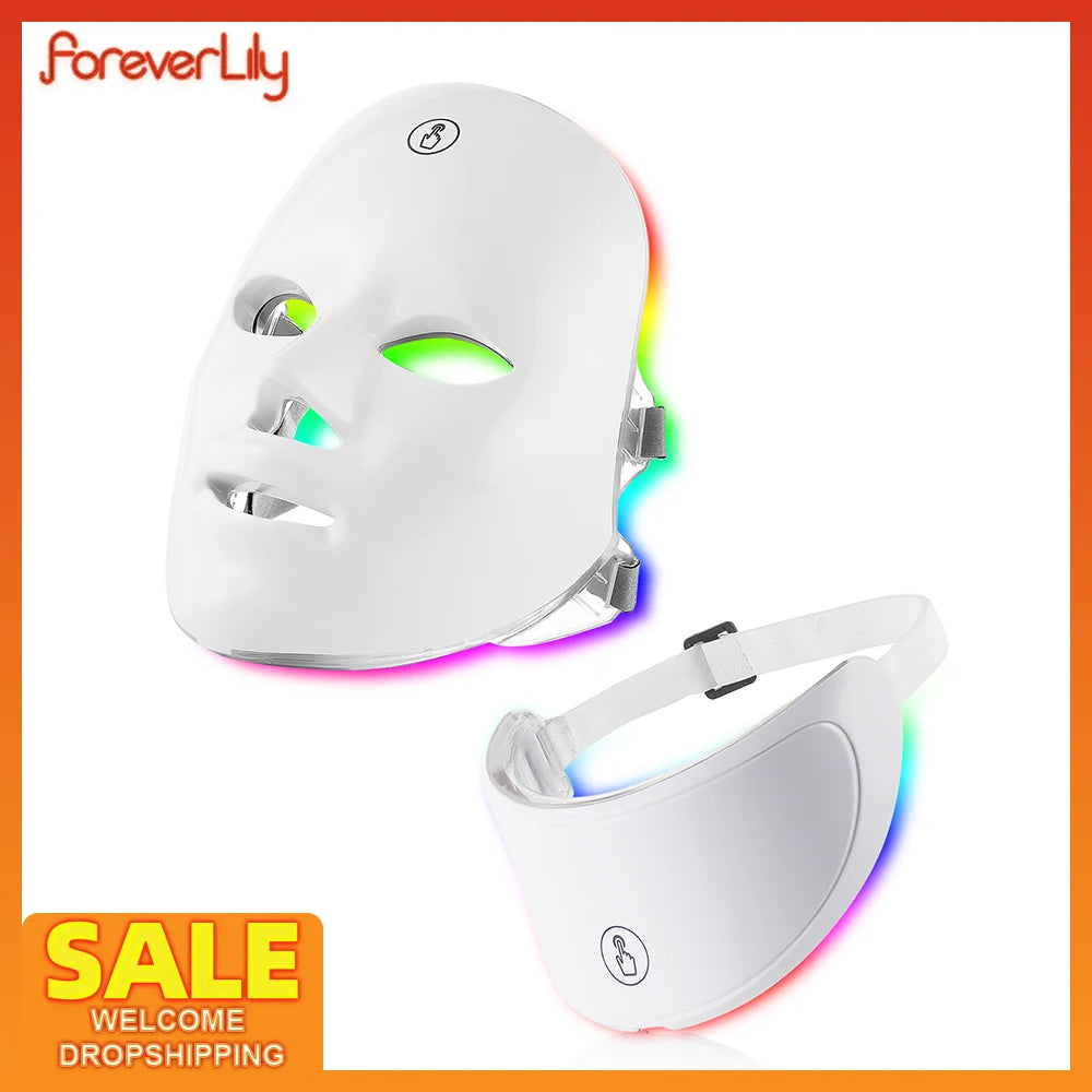 Foreverlily 7 Colors Light LED Facial Skin Care Mask Neck Skin Rejuvenation Treatment Beauty Anti Acne Therapy Whitening