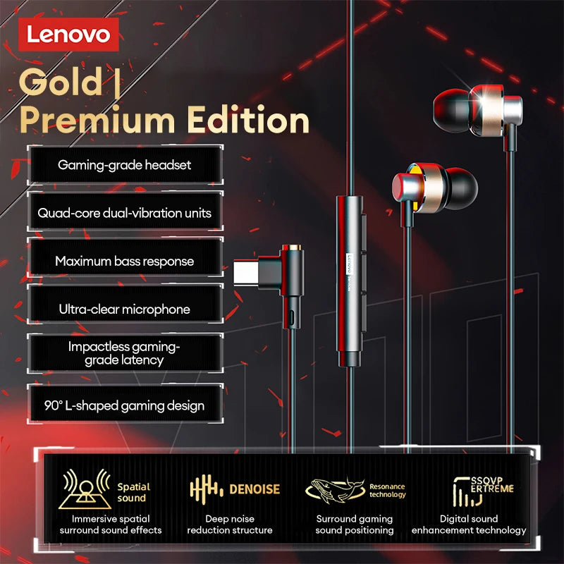Lenovo Y100 1.2M In-Ear L-Shaped Wired Earphones Gaming Headset Ultra-Low Latency E-Sports Headphones Comfortable Sports Earbuds