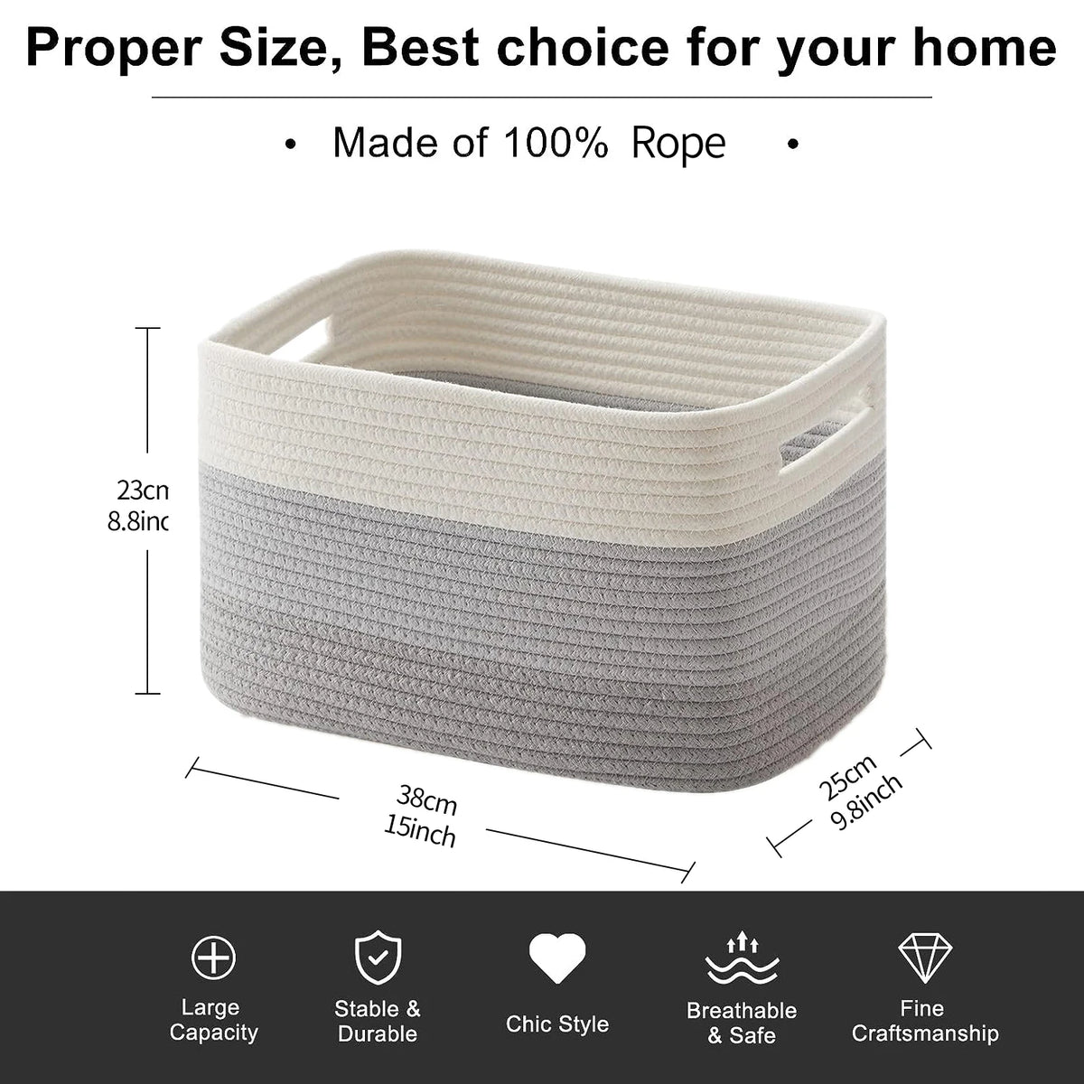 Storage Baskets for Organizing,Closet Shelf Woven Baskets, Square Bins, Cotton Rope Basket for Toys, Clothes, Office, Room