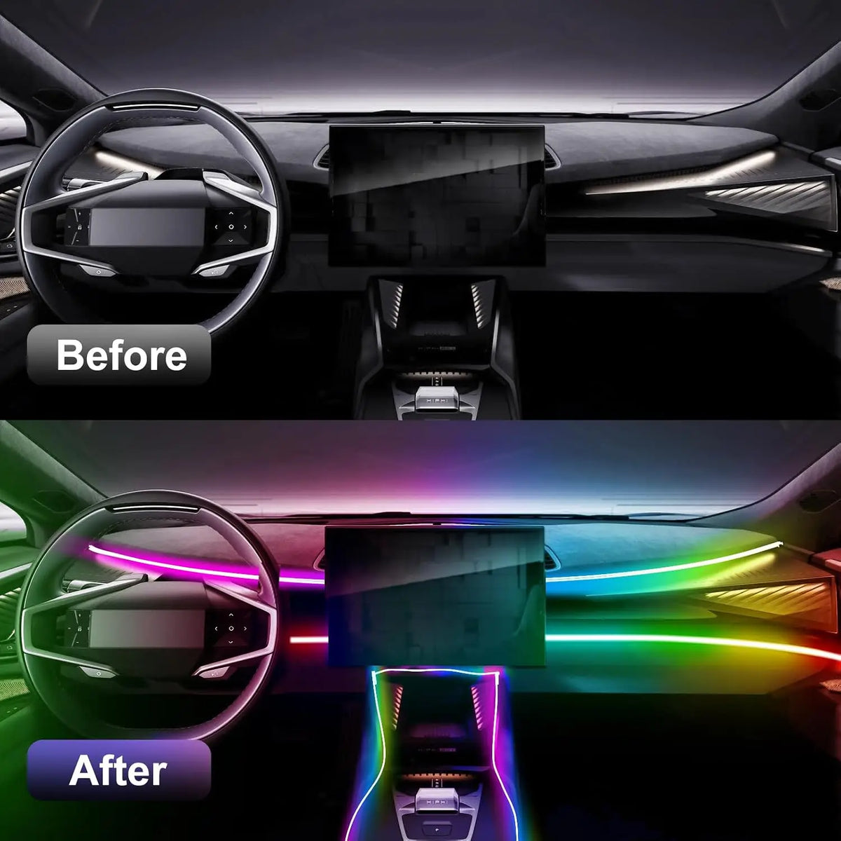 2/6 in 1 Car Interior LED Ambient Lighting Kit, USB Powered Flexible Neon Strip, APP Control RGB Sound Music Sync, Car Center Console Dashboard Atmosphere Lights