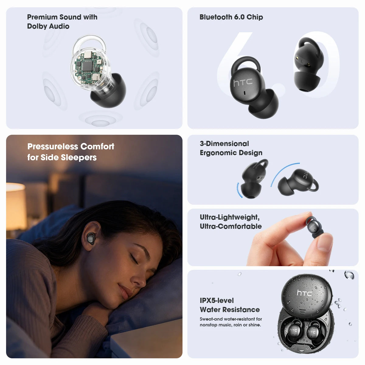 HTC Sleep Earbuds Wireless Block Snoring Noise Reduction Bluetooth Headphones Dolby Lightweight for Side Sleepers Earphones