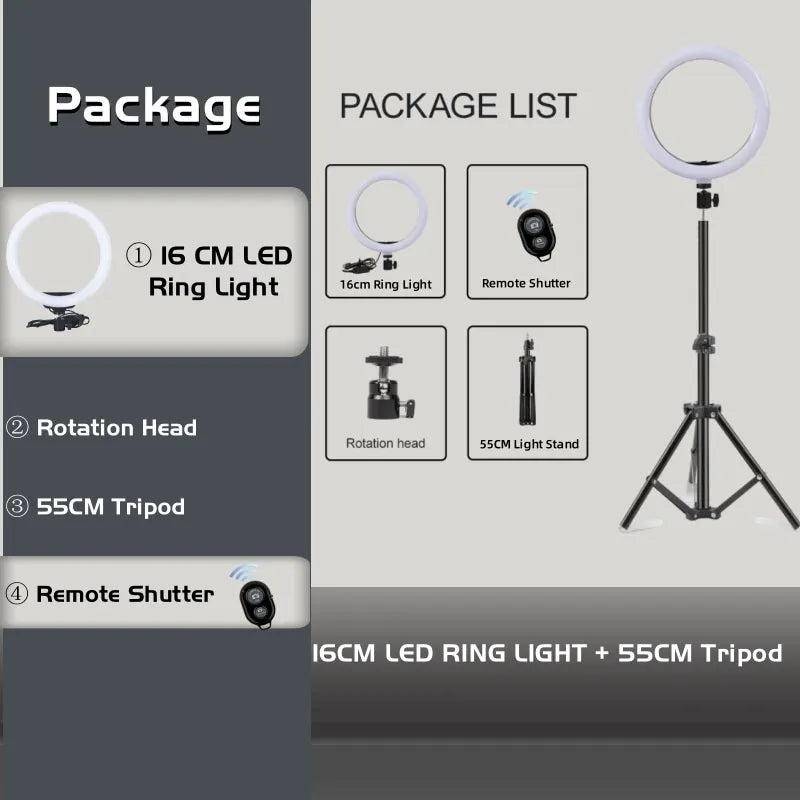 16cm/26cm/30cm LED Selfie Ring Lighting Photographic Ring Lamp USB Remote Fill Light Video Live Phone Holder & Tripod