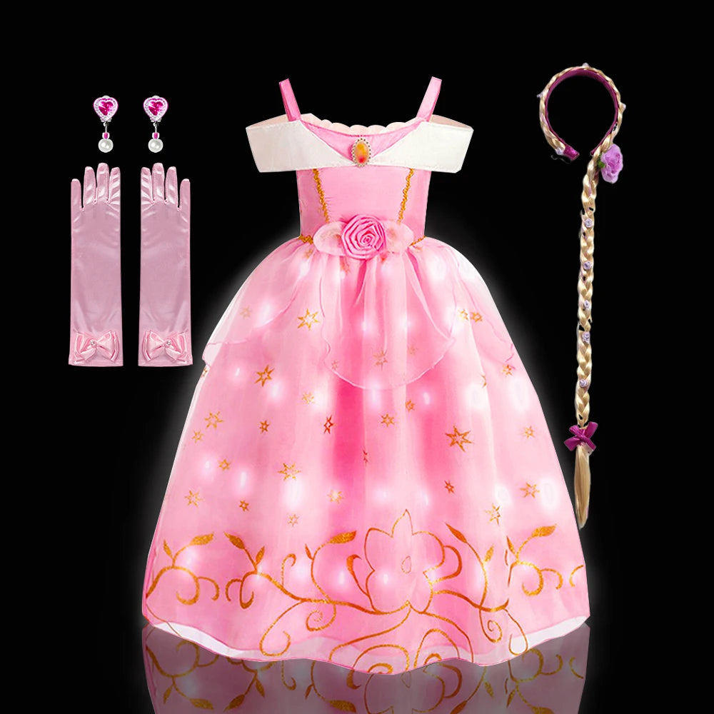 2PCS LED Light Up Sleeping Beauty Pink Princess Dress for Kids Girl Off Shoulder Aurora Costume Fancy Carnival Party Outfits