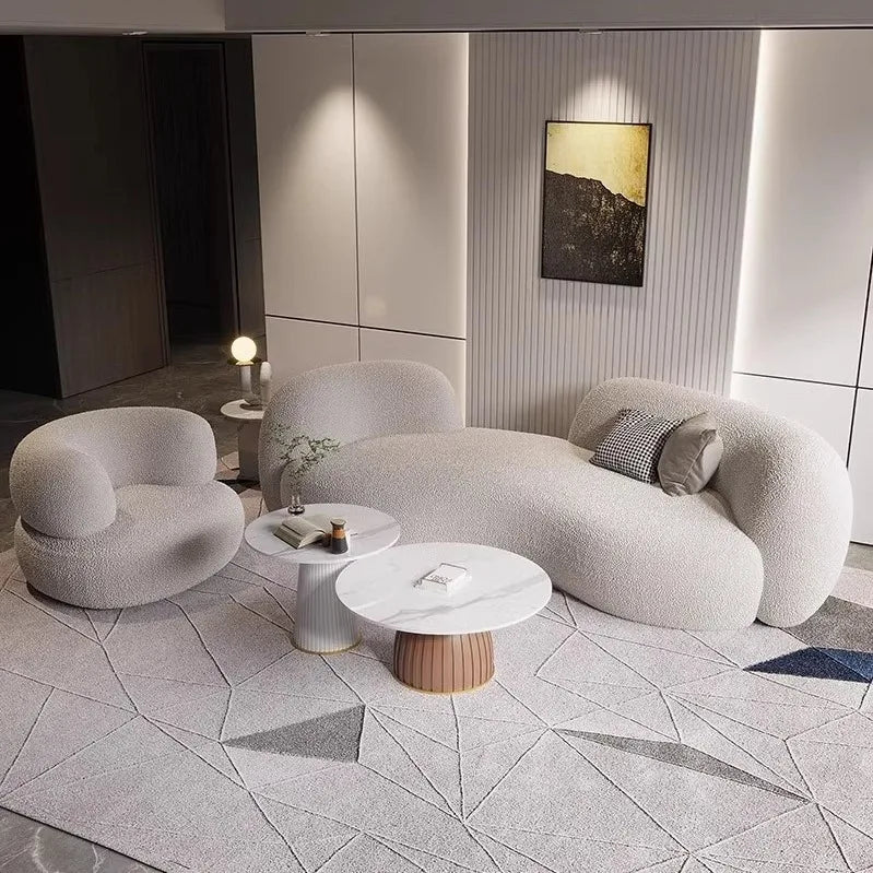 Luxury lambskin fabric curved sofa and coffee table modern minimalist living room, beauty salon, and clothing store furniture