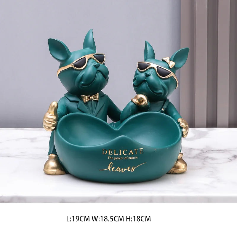 Lovers Bulldog Statue with Bowl Storage Box For Keys Jewelry French Bulldog Figurine Resin Home Décor Table Decoration Sulpture