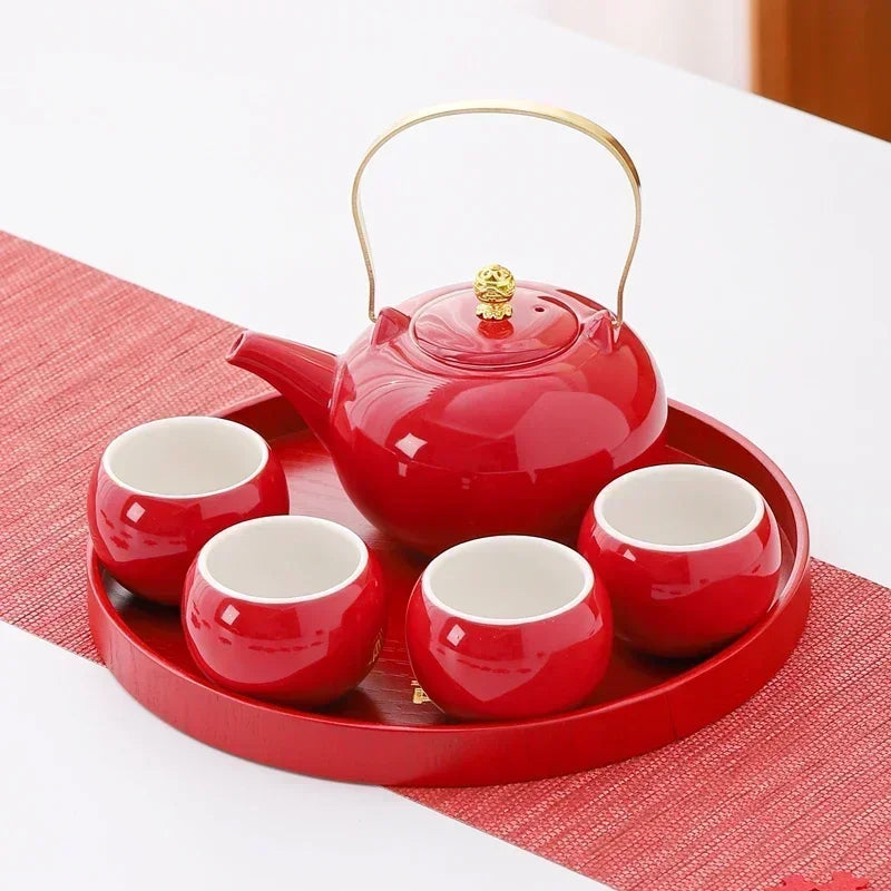 Red Ceramic Tea Set, Chinese Wedding Tea Set, Handmade Tea Pot Set, Special Customized Home Porcelain Beauty Tea Cup Set