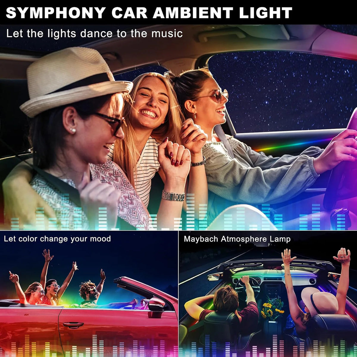 2/6 in 1 Car Interior LED Ambient Lighting Kit, USB Powered Flexible Neon Strip, APP Control RGB Sound Music Sync, Car Center Console Dashboard Atmosphere Lights