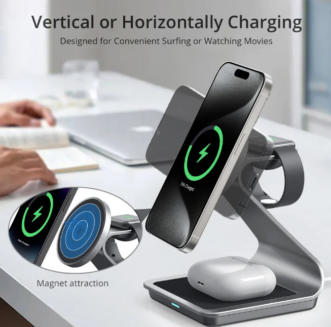 3 in 1 Magnetic Wireless Charger Station Multi Device Fast Charging Stand for Smartphone Watch TWS Earbuds