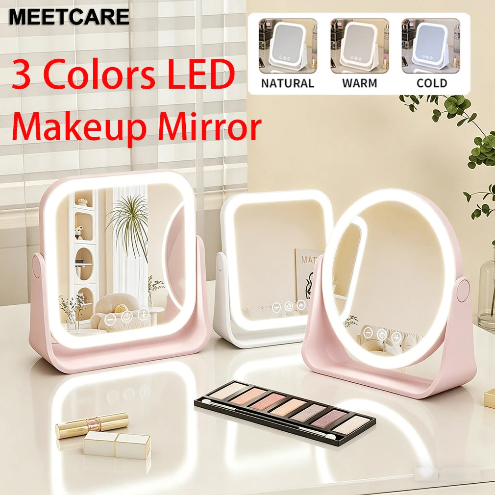 3 Colors LED Makeup Mirror Wireless Eversible Dimmable Touch Screen Cosmetic Mirrors Smart Rotatable Makeup Beauty Tabletop Tool