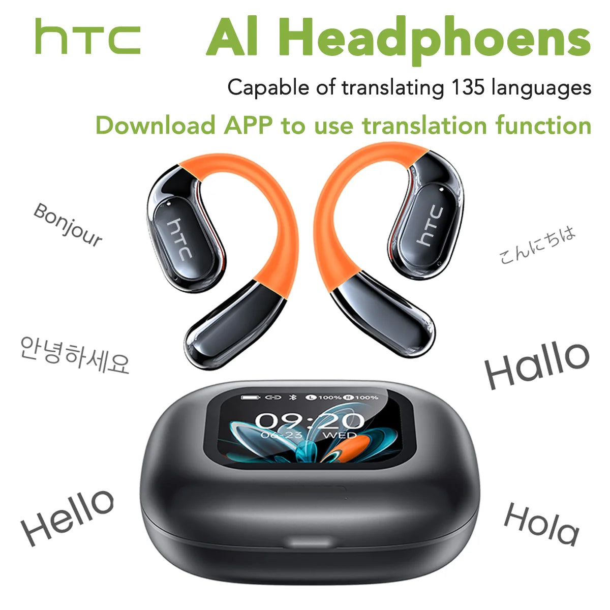 【HTC NE27】 Bluetooth Earphones AI OWS Sports Headphones LCD Screen Wireless Headphones Glowing Earhook Translator Earbuds
