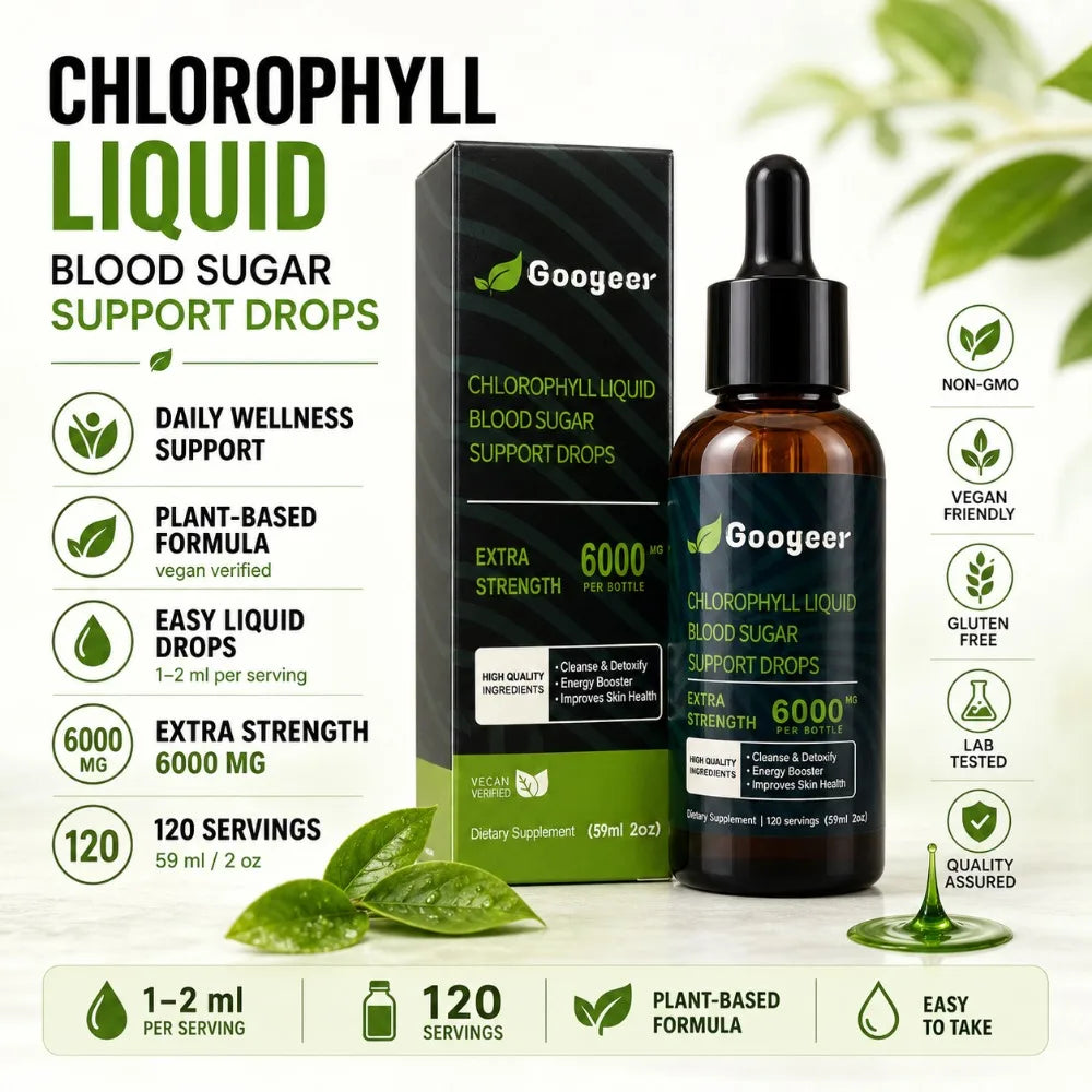 Googeer Chlorophyll Liquid Drops 6000mcg 59ml Vegan Daily Wellness Supplement with Green Tea Extract Energy & Beauty Support