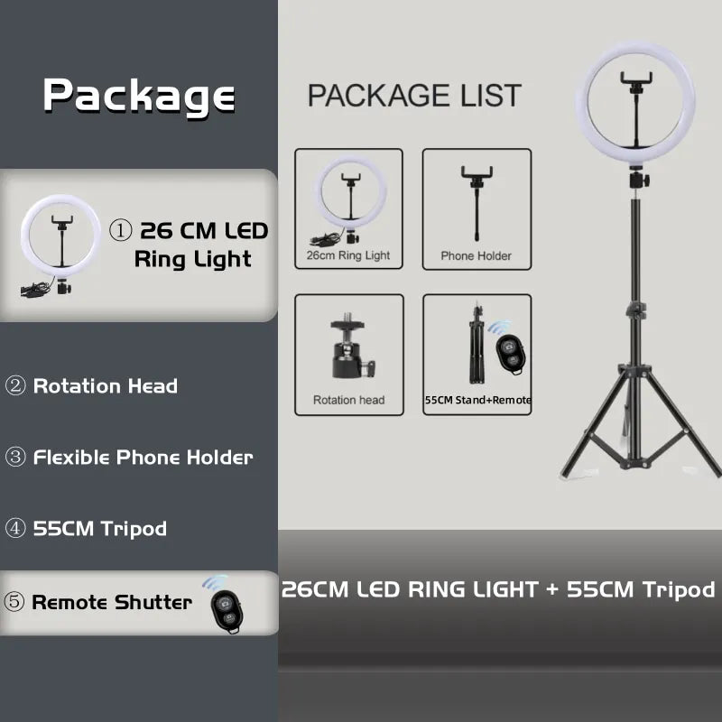 16cm/26cm/30cm LED Selfie Ring Lighting Photographic Ring Lamp USB Remote Fill Light Video Live Phone Holder & Tripod