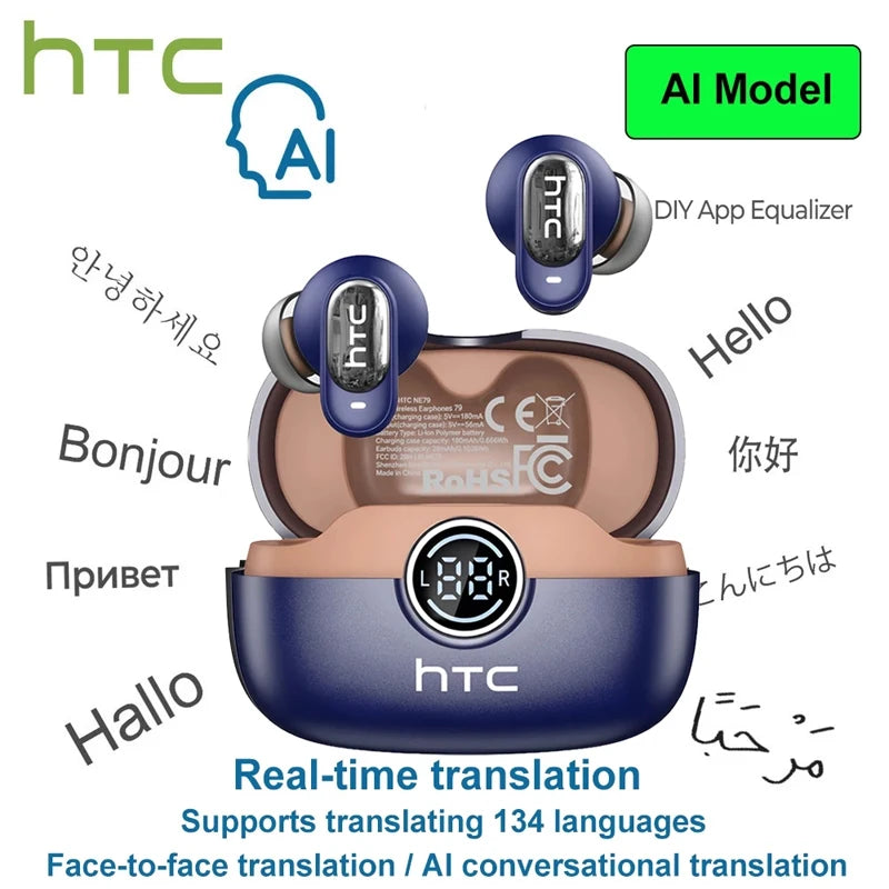 HTC NE79 TWS Bluetooth Earphones AI Translator In-Ear HiFi Sound Wireless Earbuds for Sports Headset with Clear Call Mic