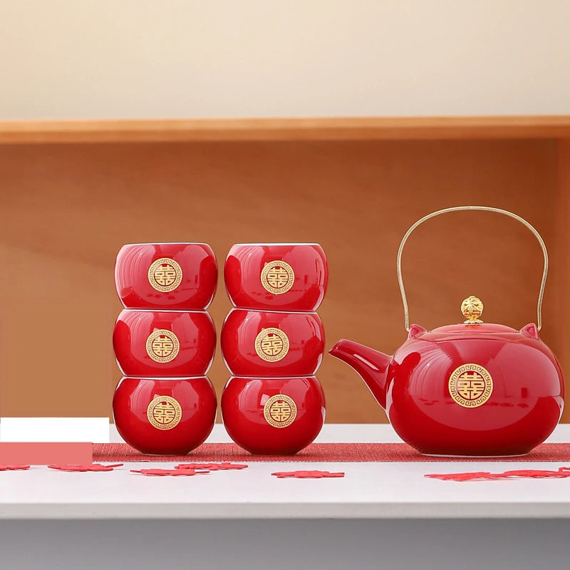 Red Ceramic Tea Set, Chinese Wedding Tea Set, Handmade Tea Pot Set, Special Customized Home Porcelain Beauty Tea Cup Set