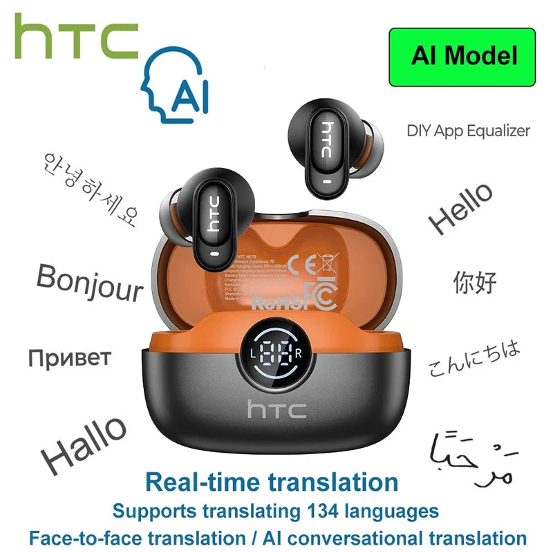 HTC NE79 TWS Bluetooth Earphones AI Translator In-Ear HiFi Sound Wireless Earbuds for Sports Headset with Clear Call Mic