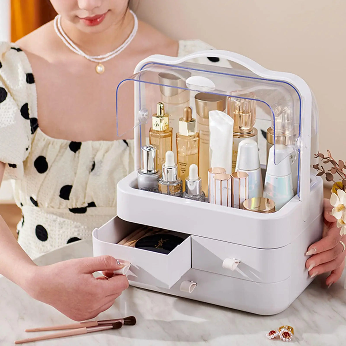 Cosmetic Organizer  Countertop Organizer For Dresser With Lid And Drawer Countertop Waterproof And Dustproof Skin Care Organizer