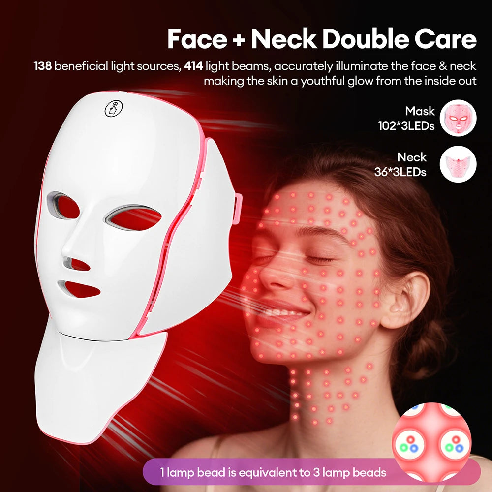 7 Colors LED Facial Mask with Neck LED Light Photon Mask Skin Rejuvenation Anti Acne Beauty Device Face Lifting Firm Massager