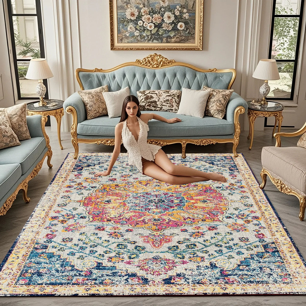 VIKAMA Bohemian Rug Durable And Machine Washable Living Room Coffee Table Mat Bedside Rug For Bedrooms Home Décor