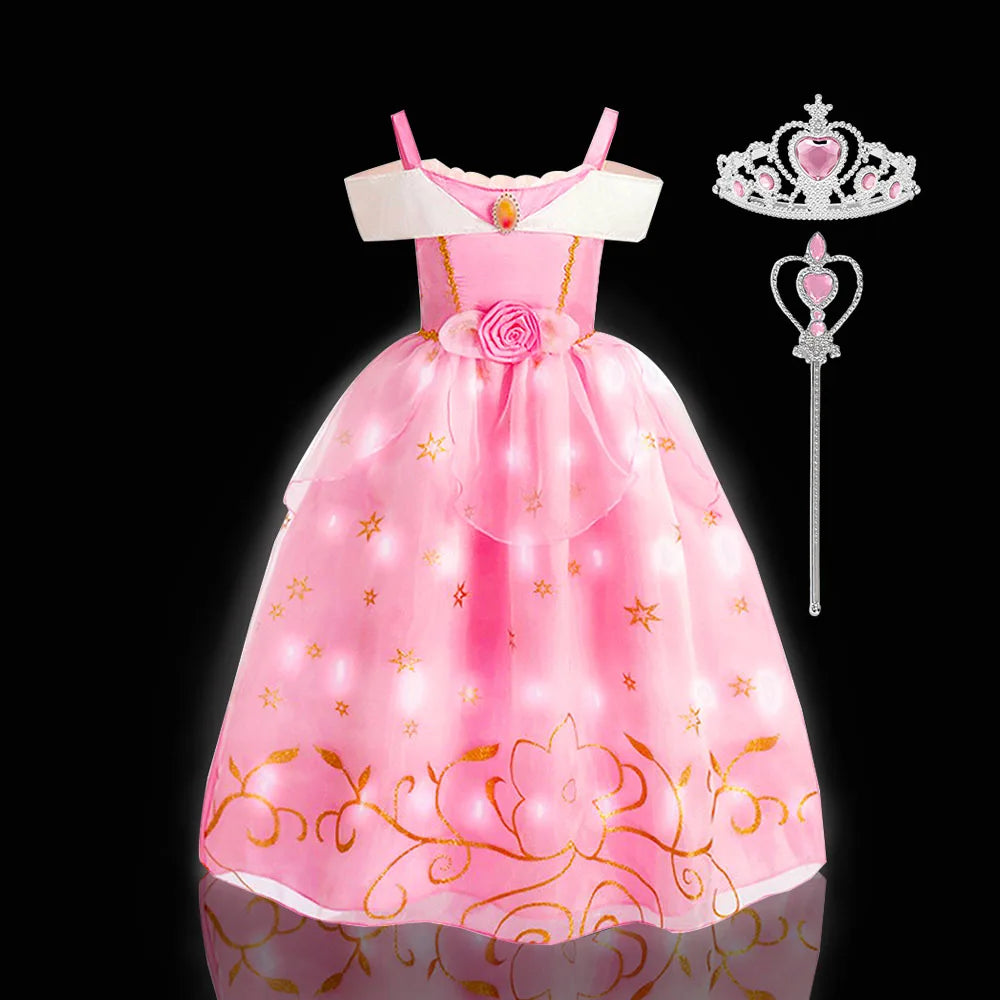 2PCS LED Light Up Sleeping Beauty Pink Princess Dress for Kids Girl Off Shoulder Aurora Costume Fancy Carnival Party Outfits