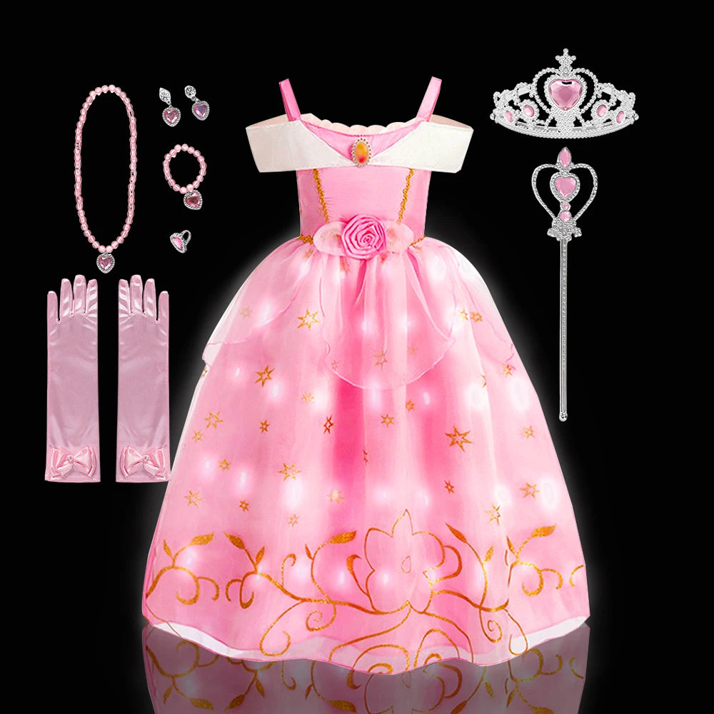 2PCS LED Light Up Sleeping Beauty Pink Princess Dress for Kids Girl Off Shoulder Aurora Costume Fancy Carnival Party Outfits
