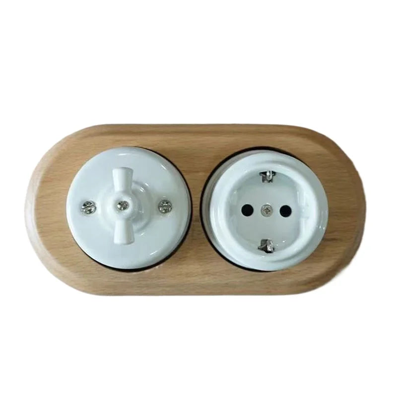 Vintage Ceramic Light Switch and Socket with Wooden Base | Classic Rotary Switch 110–250V | European Style Home Décor