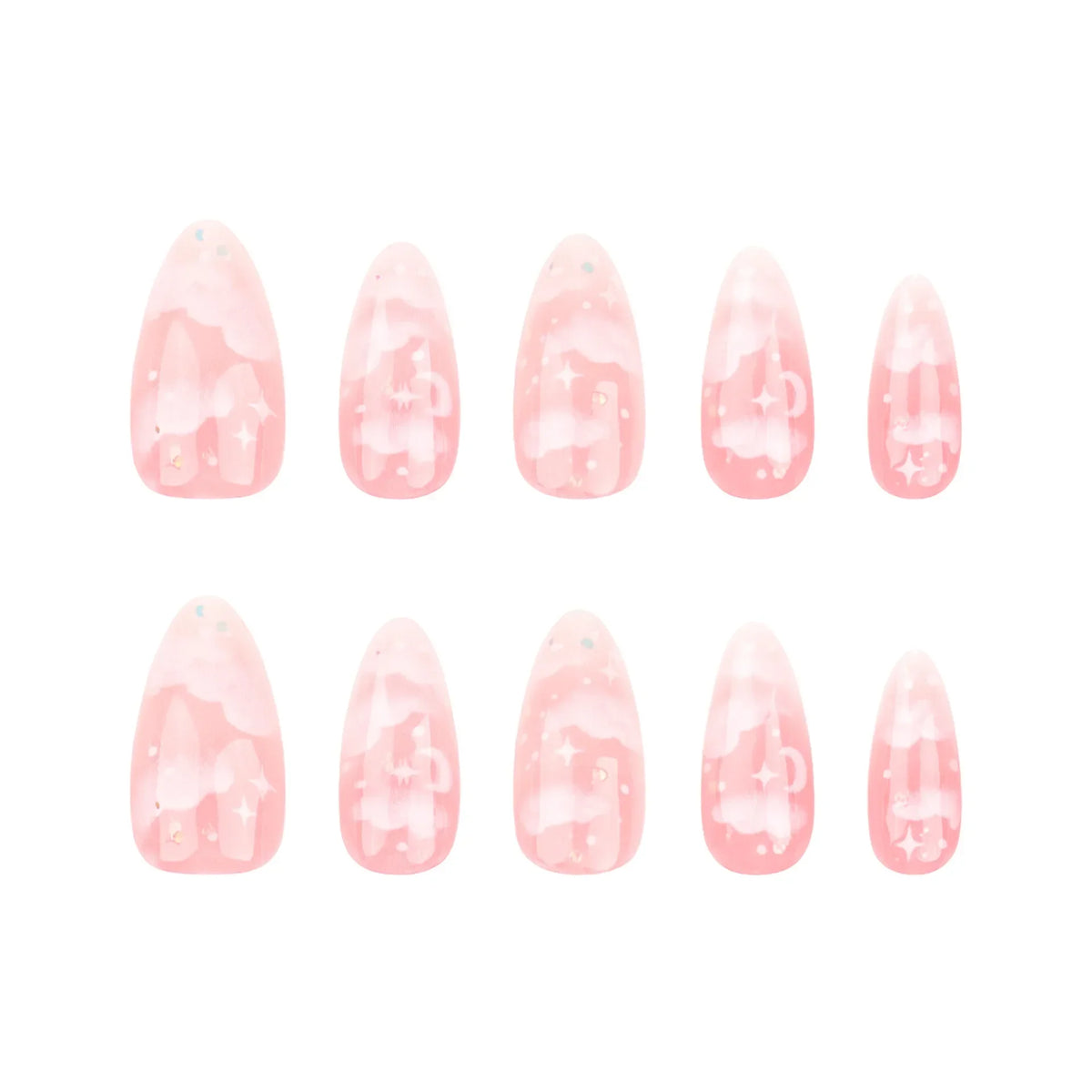 24Pcs Pink Cloud Sweet Star Moon Acrylic Nails Press on Almond Wearable Full Cover False Nails Art Tips Fingernail Beauty