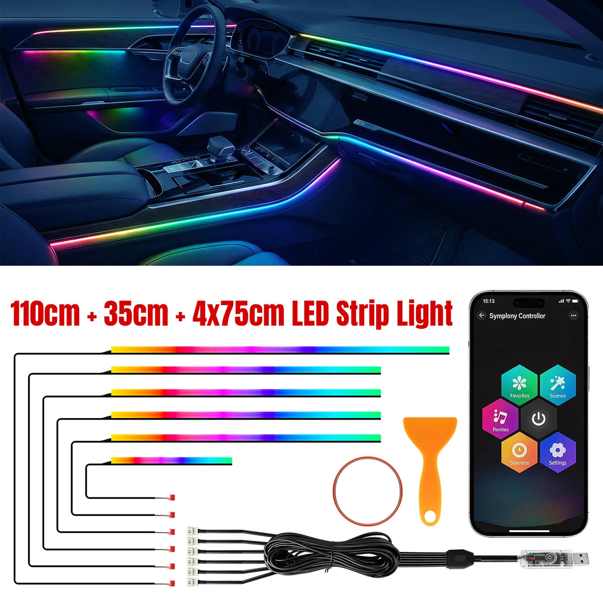 2/6 in 1 Car Interior LED Ambient Lighting Kit, USB Powered Flexible Neon Strip, APP Control RGB Sound Music Sync, Car Center Console Dashboard Atmosphere Lights